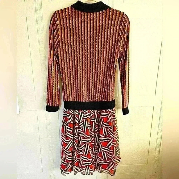Diane Von Furstenberg Silk Knit Long Sleeve Navy Orange Cream Midi Dress Sz 4 - Picture 2 of 15